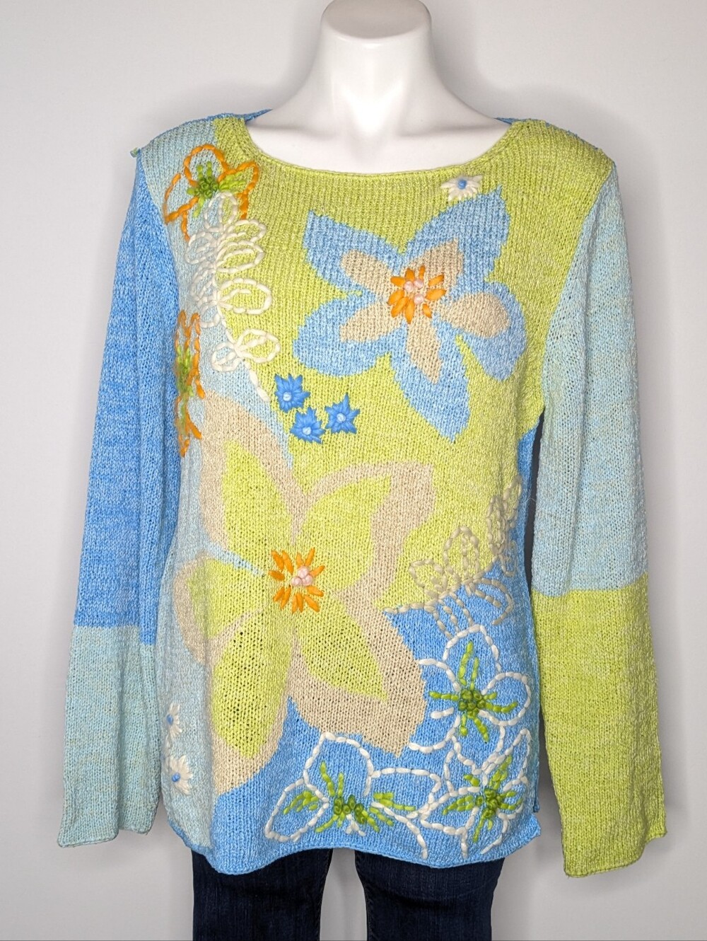Vintage JH Collection Green Blue Embroidered Floral Abstract Sweater XL